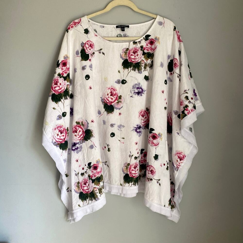 Langenlook Floral Sz Large Oversized Linen Blend Tunic Top Romantic Beach Resort